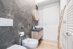 A modern bathroom with a bidet, a sink, and a mirror.