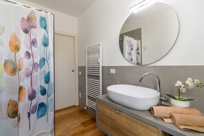 Shower, hair dryer, bidet, towels