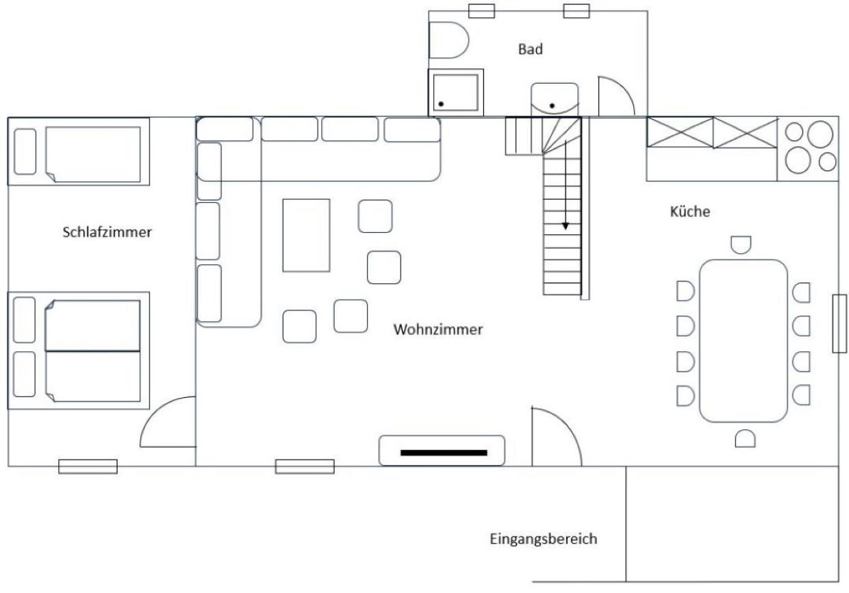 Un plan d’étage comprenant un salon, une chambre, une salle de bain, une cuisine et un hall d’entrée.