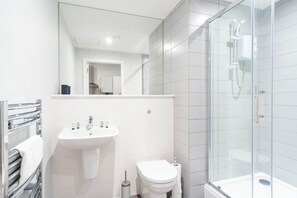 Shower, hair dryer, towels