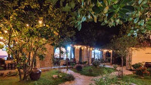 Un jardín al aire libre con senderos de piedra, plantas en macetas y luces colgantes.