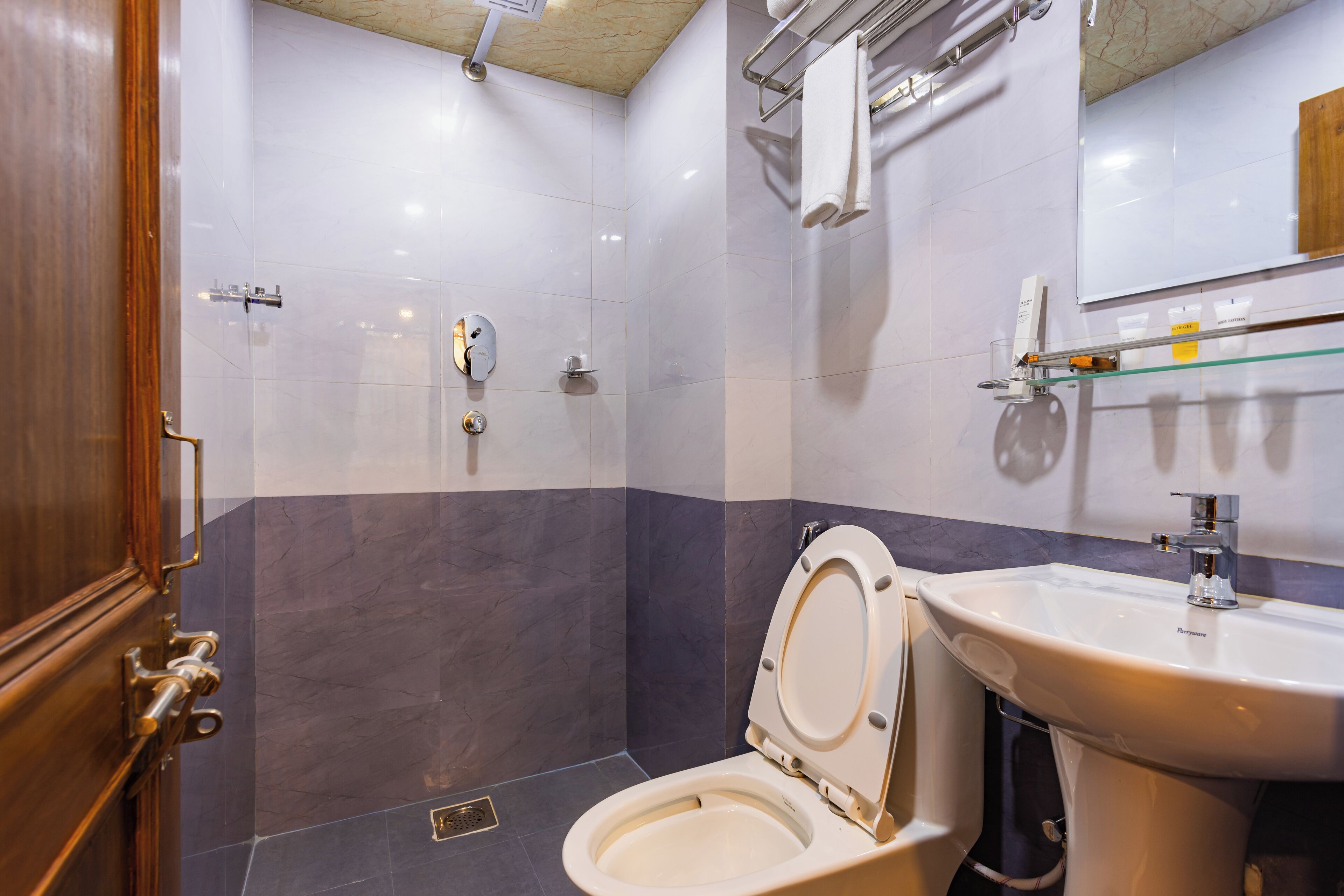 Une salle de bain avec des toilettes, un lavabo et une douche.