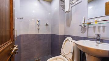 Un baño con inodoro, lavamanos y ducha.