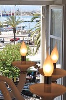 Vista de un puerto deportivo con barcos, palmeras y una calle con coches estacionados.