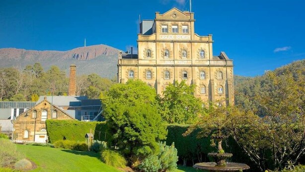 A historic Cascade Brewery building with a prominent clock tower, surrounded by lush greenery and a mountainous backdrop. - "Cascade Cottage" South Hobart with parking (South Hobart)