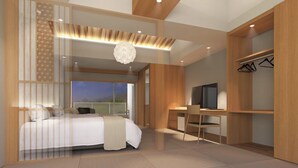 A modern bedroom with a bed, desk, and TV. - Okunikko Yumoto Onsen Yunomori (Nikko)