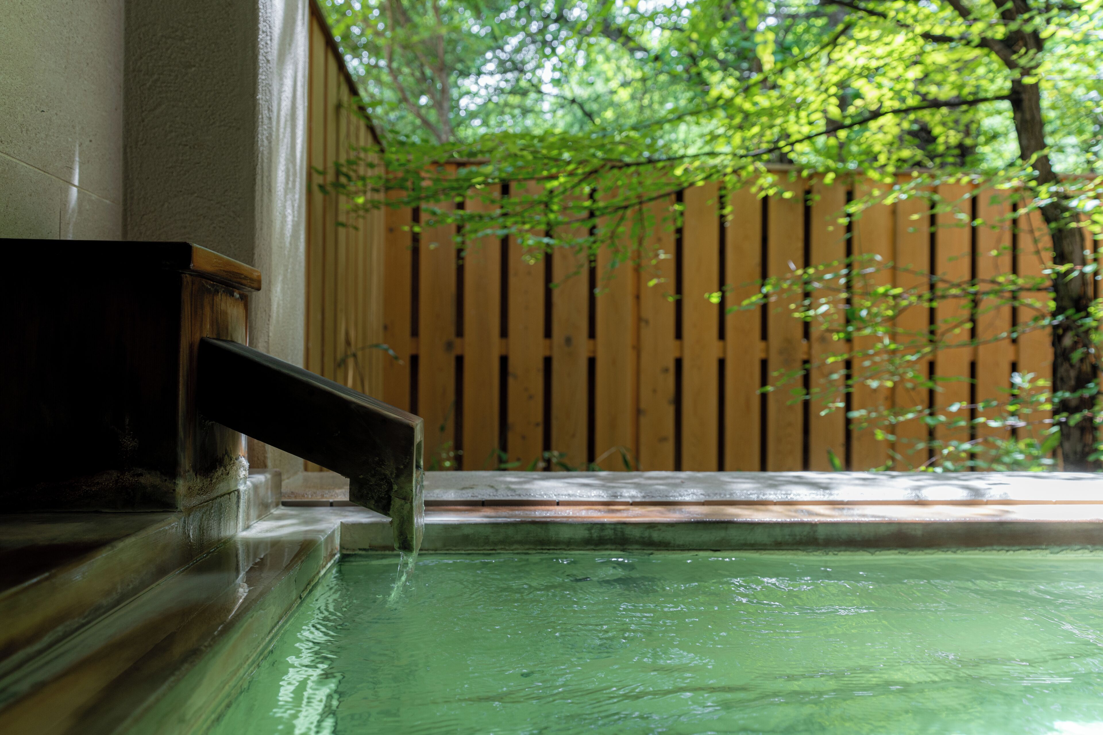 Un bain à remous entouré d’une clôture en bois, avec de la verdure en arrière-plan.