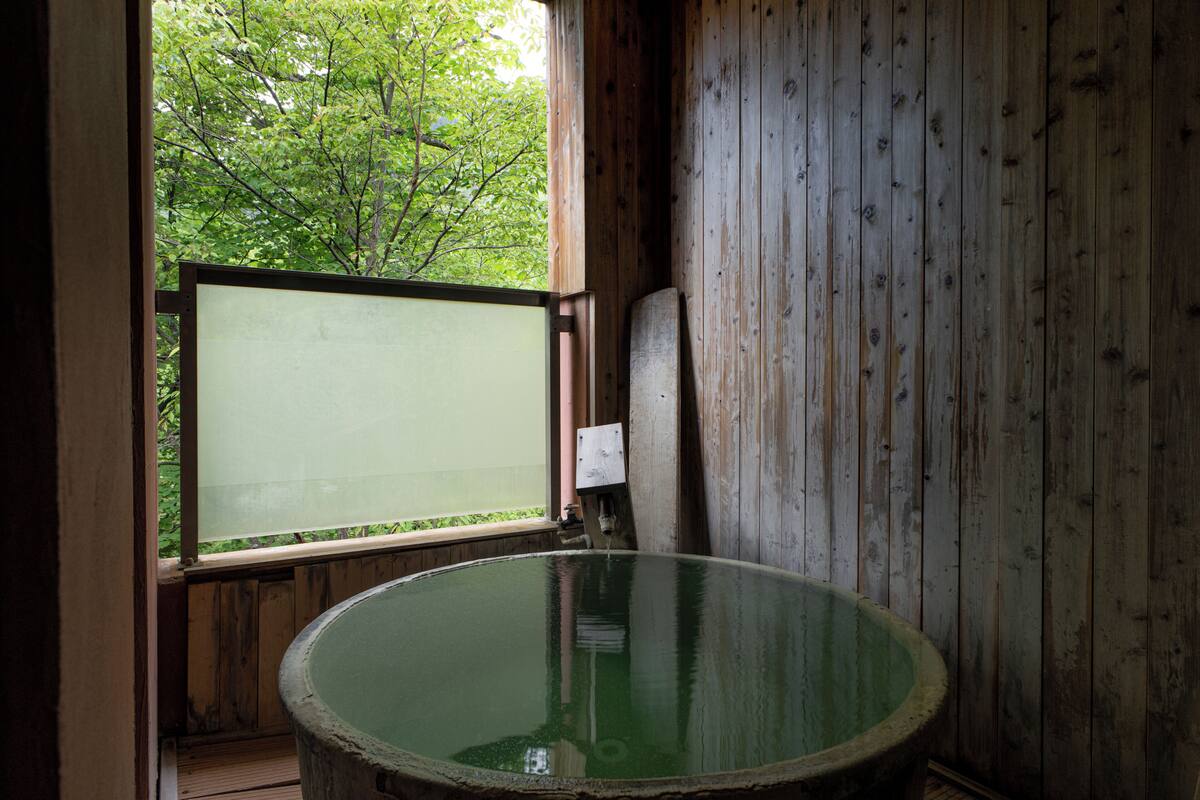 Compact Western-Style Room with Open-Air Bathroom, Non Smoking | Bathroom | Separate bathtub and shower, spring water bathtub
