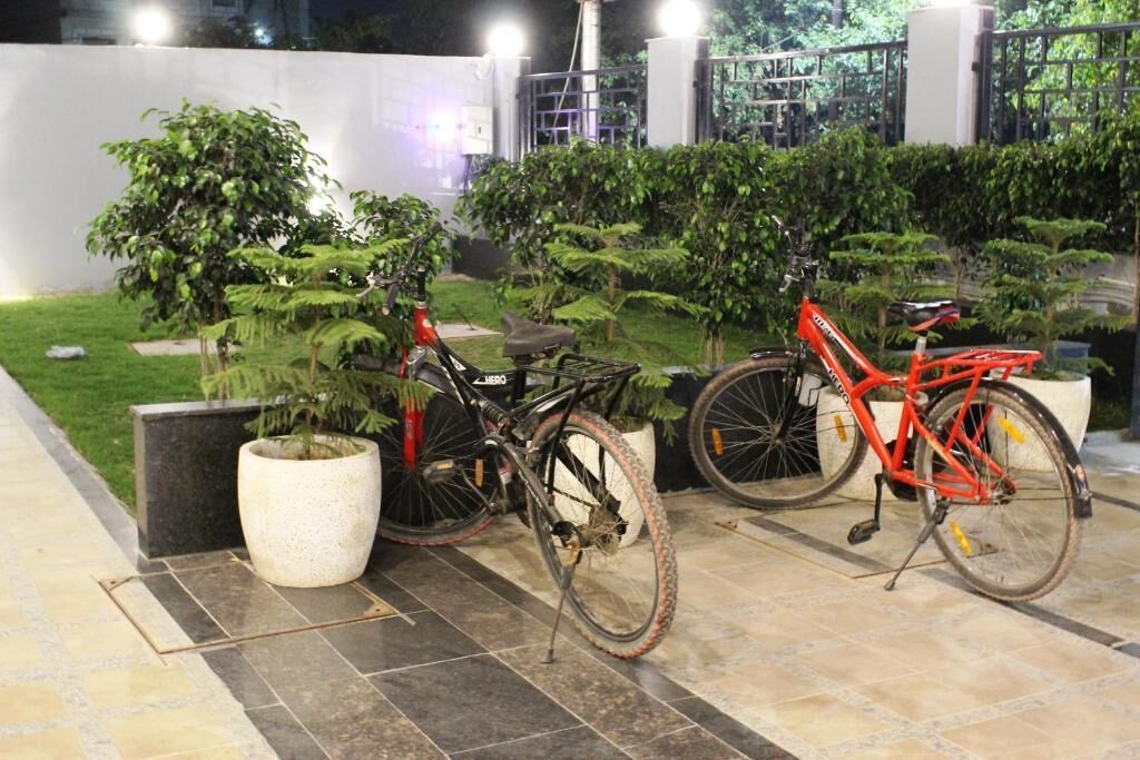 Two bicycles parked in an outdoor area with potted plants and a paved walkway.