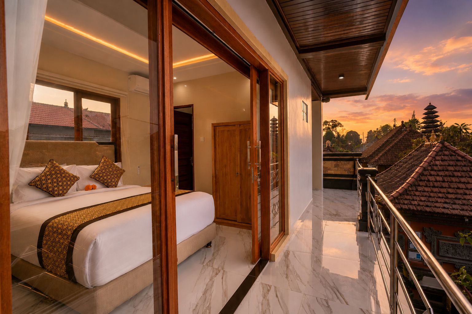 A hotel room with a bed, a bathroom, and a balcony with a view of traditional buildings.