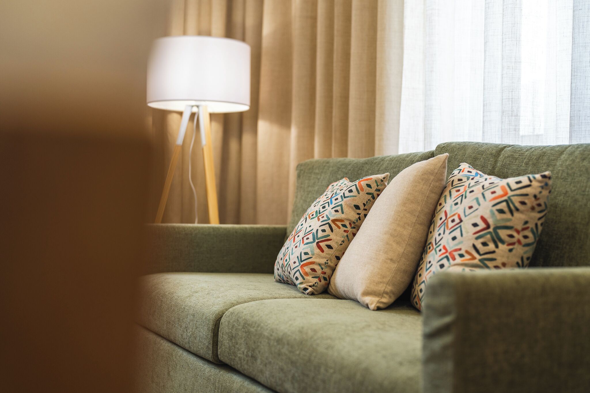 A green sofa with patterned pillows and a floor lamp in the background.
