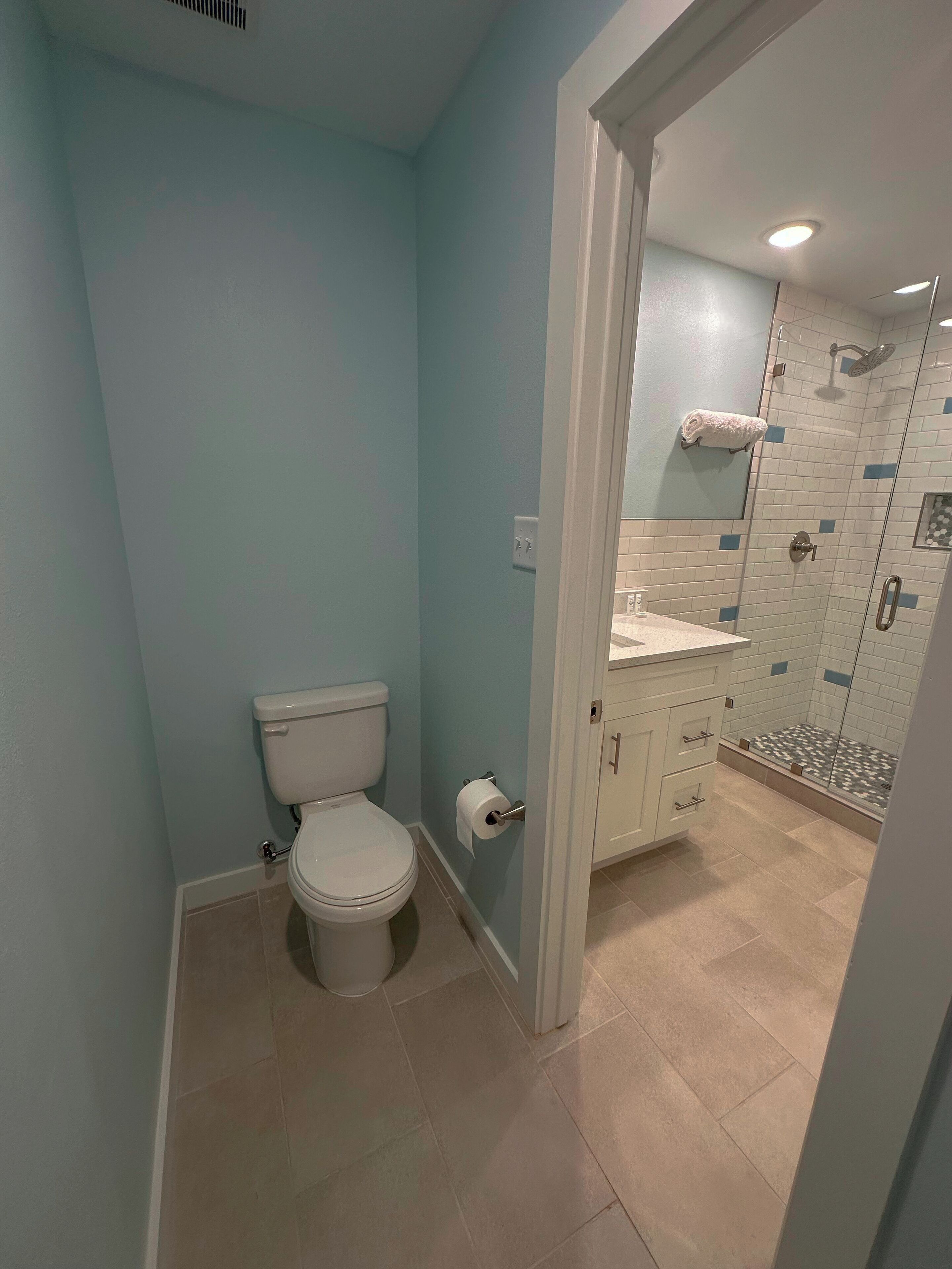 A bathroom with a toilet, a shower with a glass door, and a sink with a mirror.