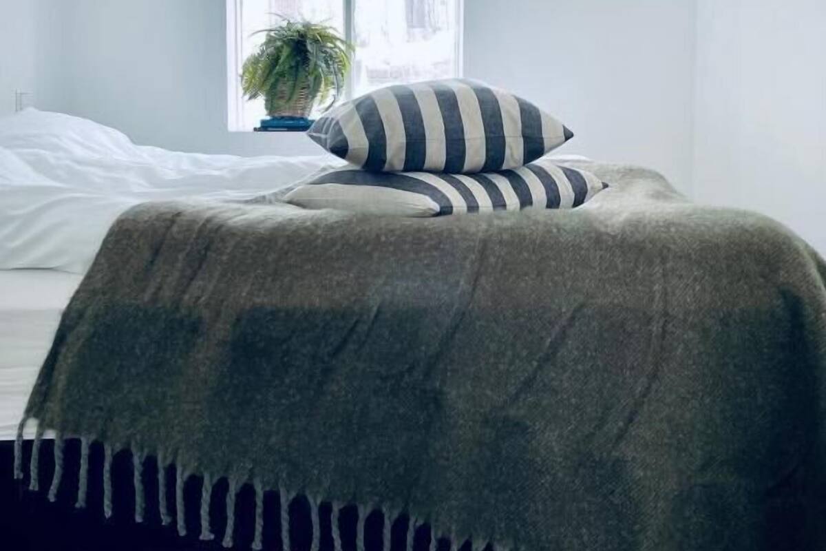 Une chambre à coucher avec un lit, une fenêtre et une plante.