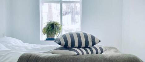 A bedroom with a bed, a window, and a plant.