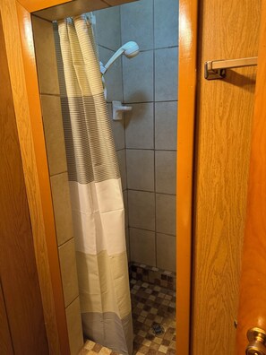 Une salle de bain avec une douche, des murs carrelés et une porte en bois.