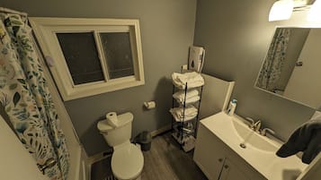 Hair dryer, towels, soap, shampoo