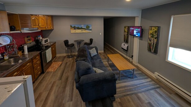 A compact living space with a kitchenette, a sofa, a coffee table, and a TV.