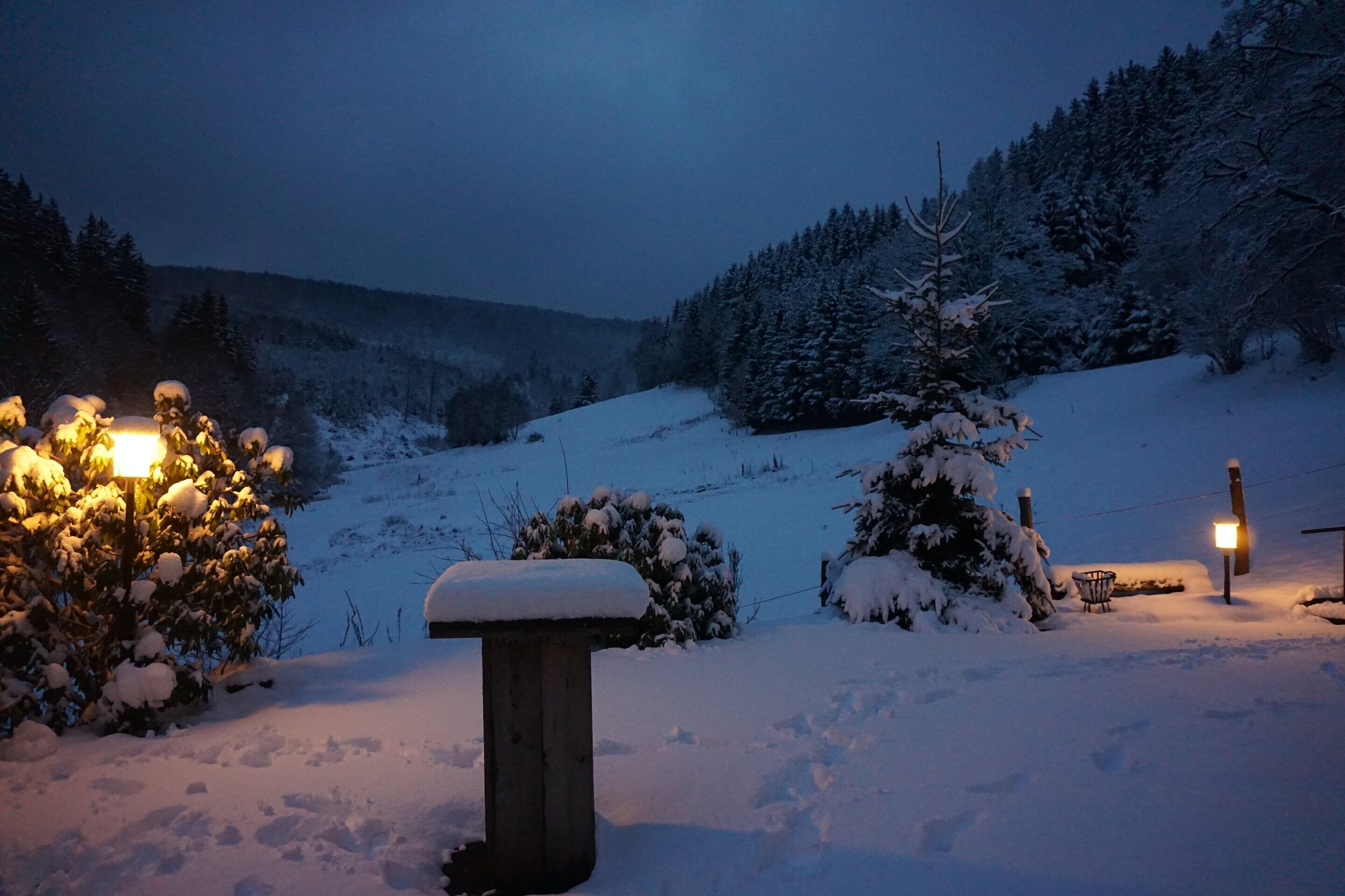 A snow-covered landscape with a bench and a light post.