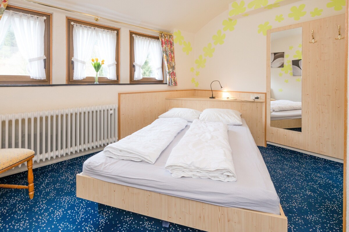 Ein Schlafzimmer mit einem hölzernen Bett, einem Spiegel, einer Heizung und einem Fenster mit Vorhängen.