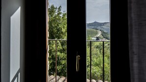 Vista desde un balcón con baranda metálica, que da a un paisaje con árboles y una carretera.