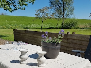 Mesa al aire libre con una planta grande en maceta y vasos transparentes.