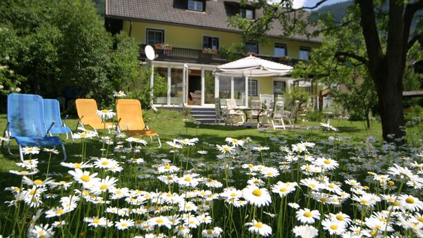 A house with a garden full of daisies, two blue and one yellow lounge chair, and a covered patio area. - Cozy Apartment in Feld am See Near Ski Slopes (Feld am See)