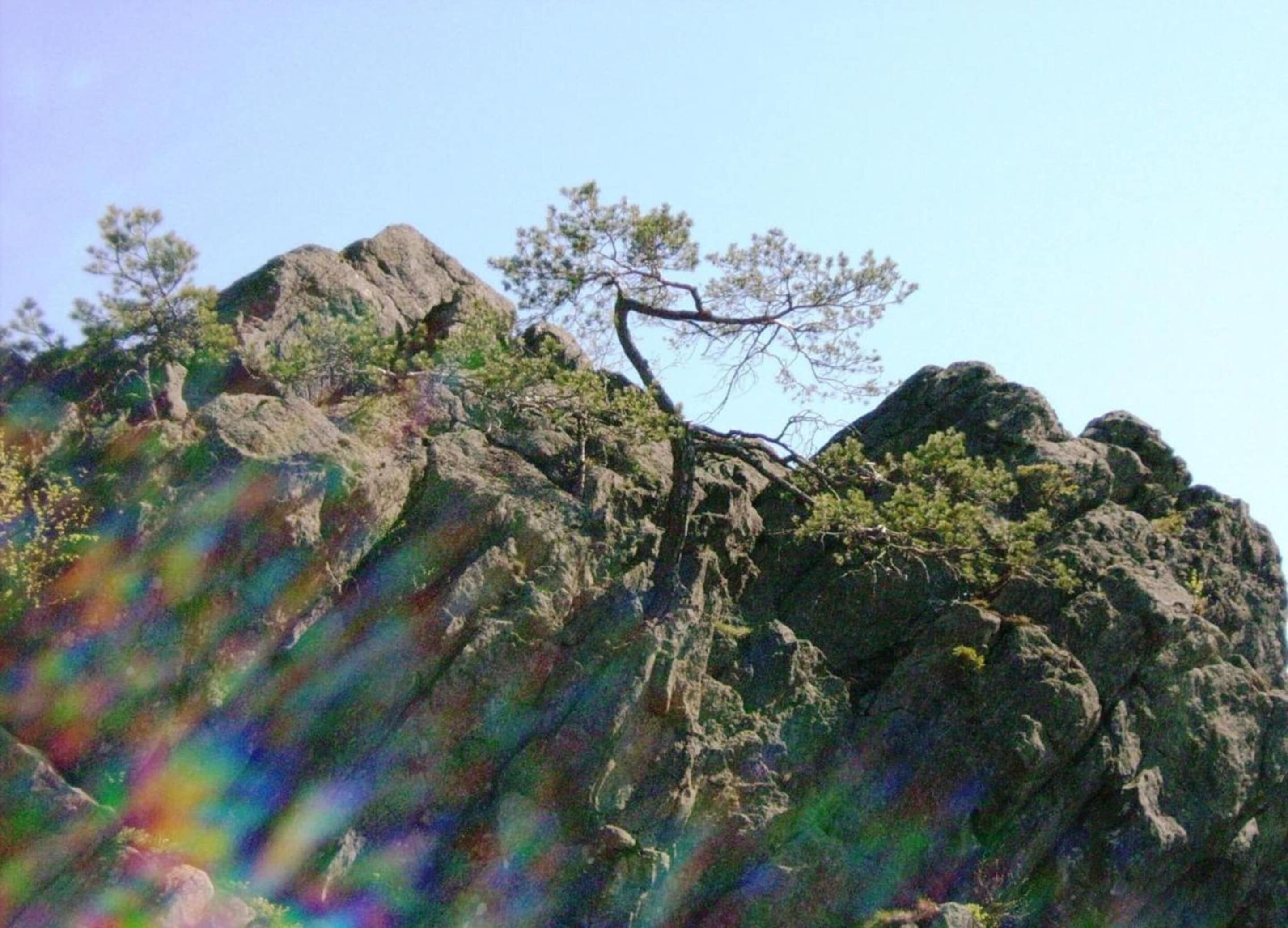 A rocky mountain landscape with sparse vegetation and a clear sky.