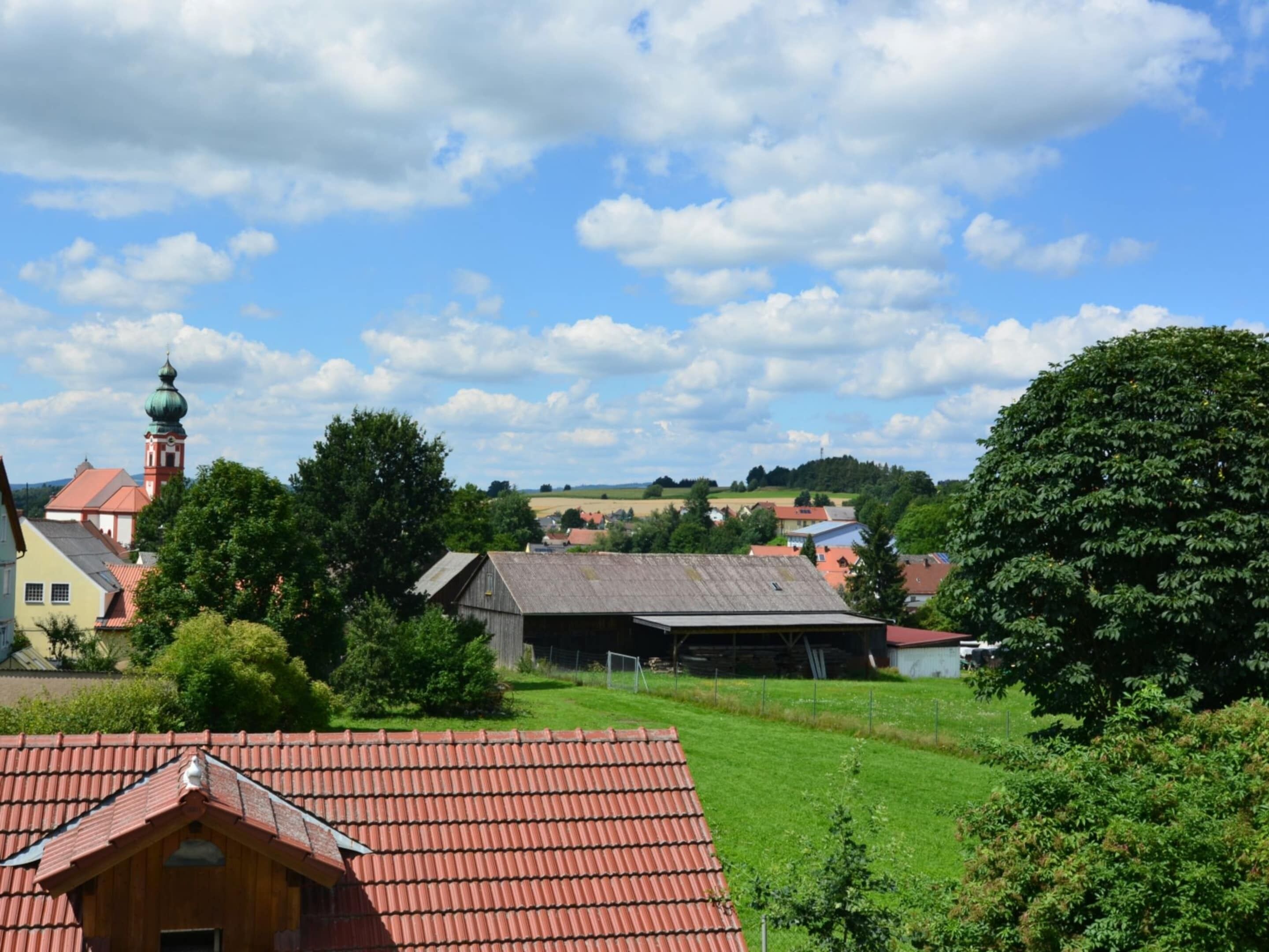 A rural village with traditional buildings, a church with a green dome, and a large tree in the foreground.