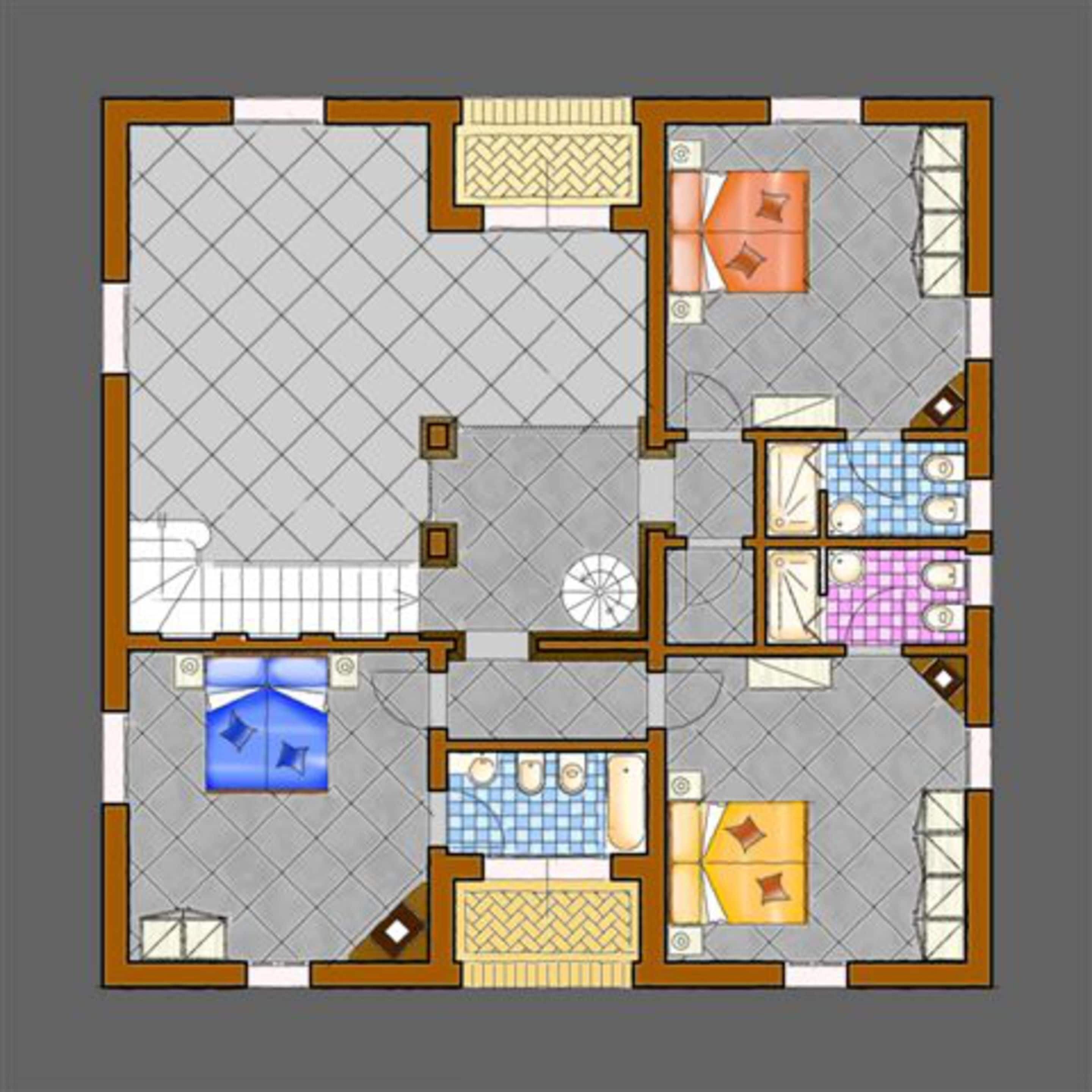 Un plan d’étage d’hôtel comprenant un couloir central, plusieurs chambres, une salle de bain et un coin repas.