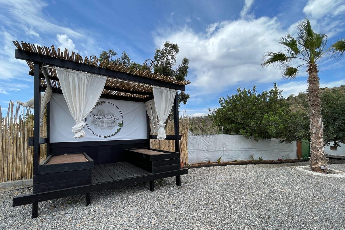 A bed with a canopy, a wall with a circular emblem, and a gravel ground.