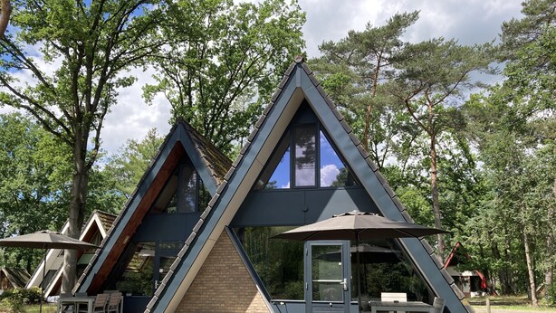 A modern, triangular-shaped building with a brick base and large windows, surrounded by trees. - Test Property : Nice Bungalow 'muizenoortje' at Park Vosseven (Stramproy)