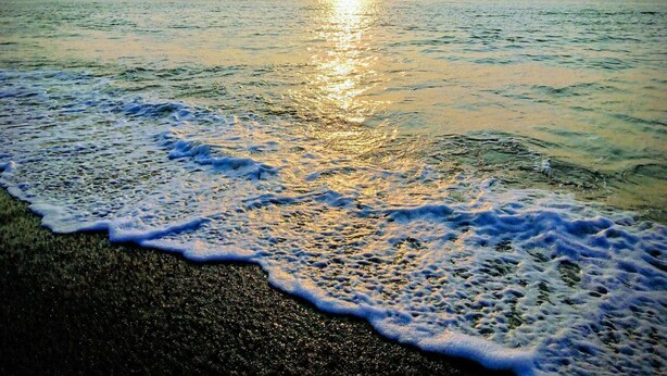 Una playa con olas suaves lamiendo la orilla y el sol reflejándose en el agua.
