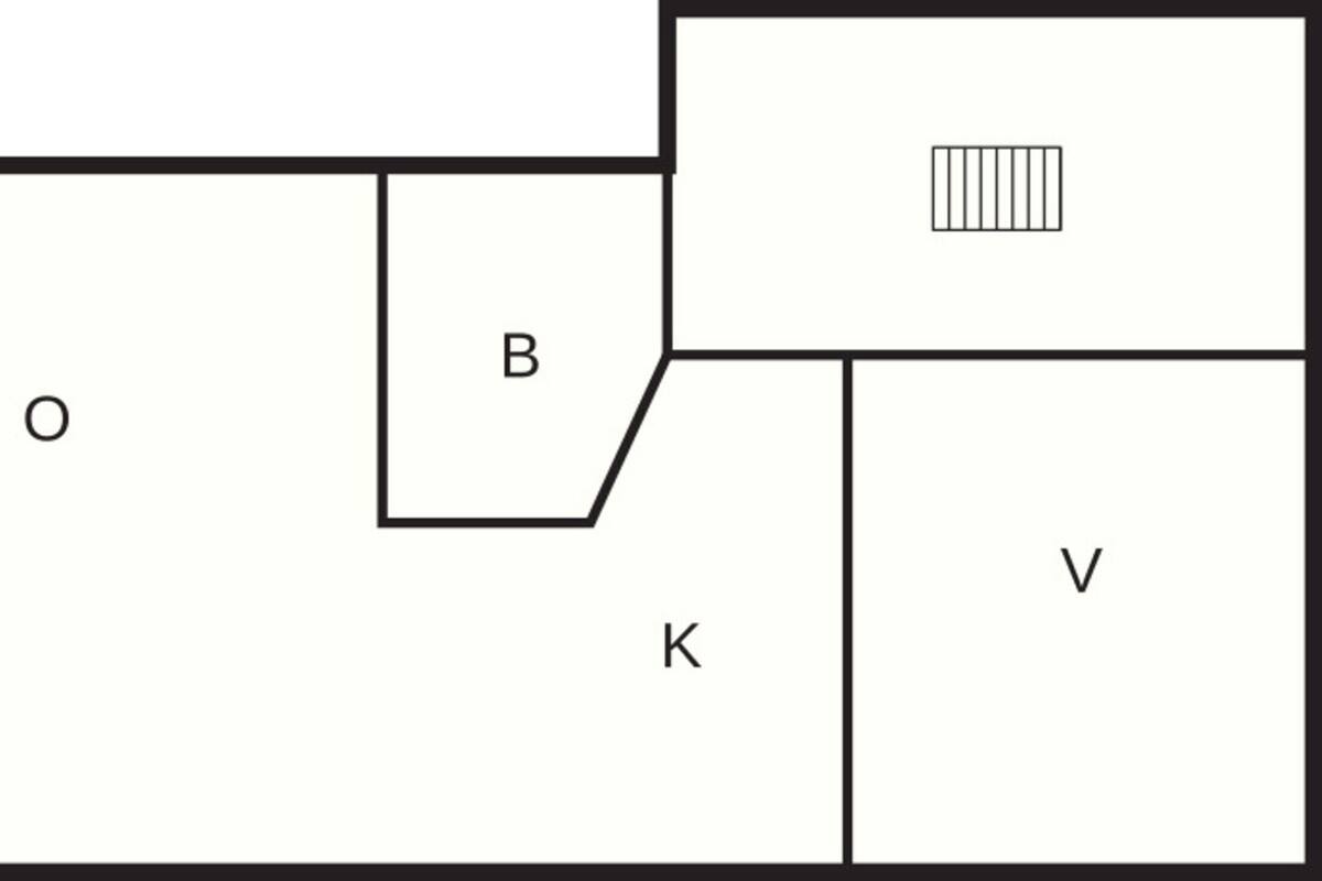 A floor plan with labeled rooms O, B, K, and V.