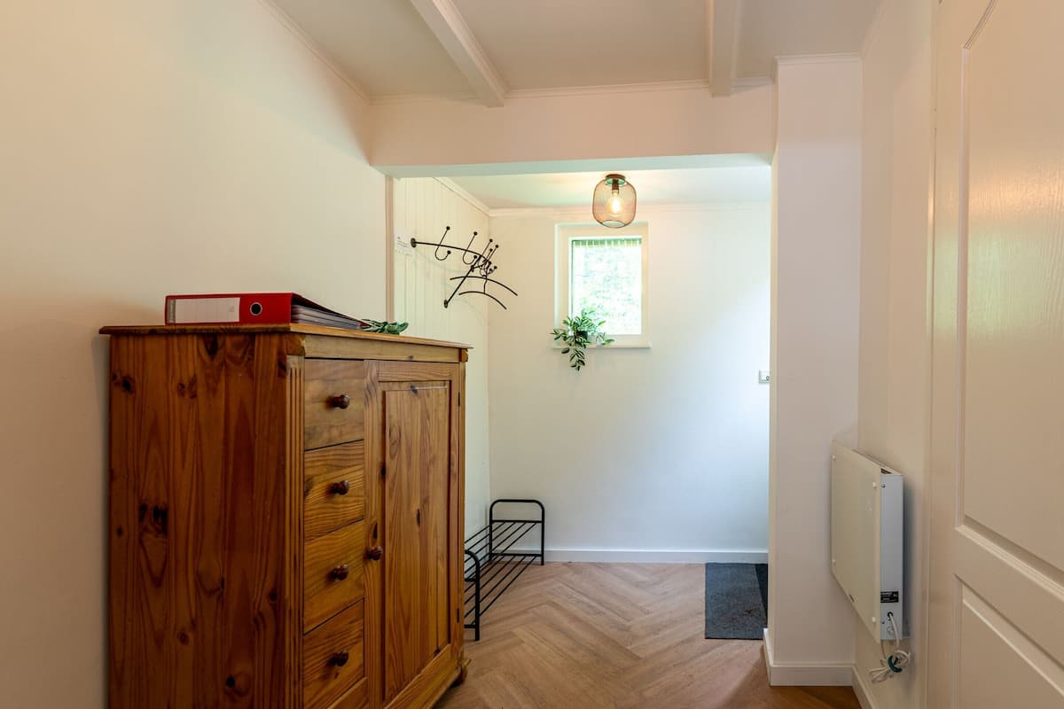 A hallway with a wooden cabinet, a radiator, a window with a plant, and a hanging light fixture.