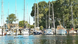 En småbåtshamn med flera segelbåtar förtöjda, omgiven av träd och byggnader.