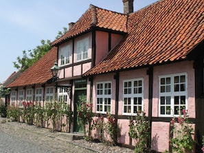A traditional half-timbered house with a tiled roof, a cobblestone street, and flowering plants along the facade. - 4 Person Holiday Home in Ronne (Ronne)