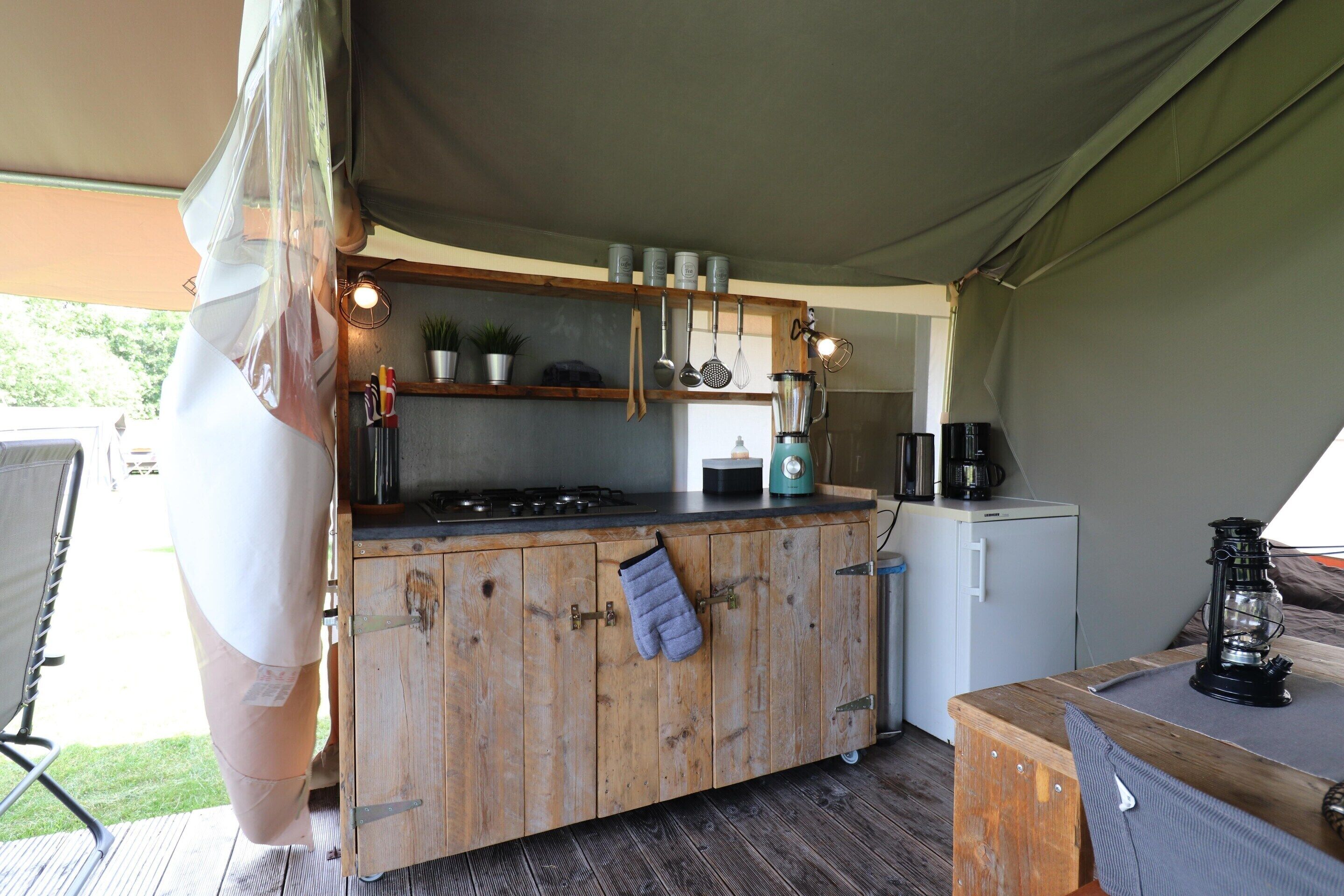 Deluxe Tent, 2 Bedrooms | Private kitchen | Fridge, coffee/tea maker, electric kettle