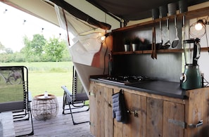 Deluxe Tent, 2 Bedrooms | Private kitchen | Fridge, coffee/tea maker, electric kettle - Safari Tent in the Middle of the Fryske Walden (Twijzel)