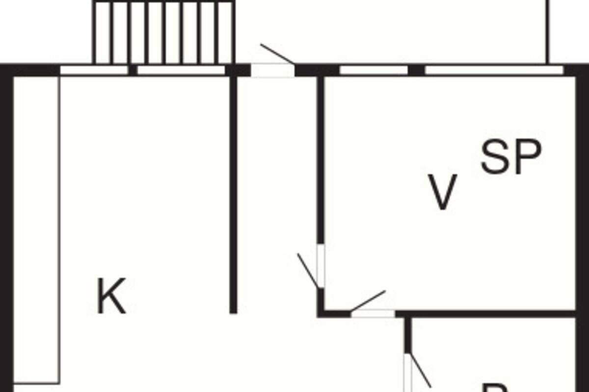 A floor plan with labeled rooms: K, O, V, SP, and B.