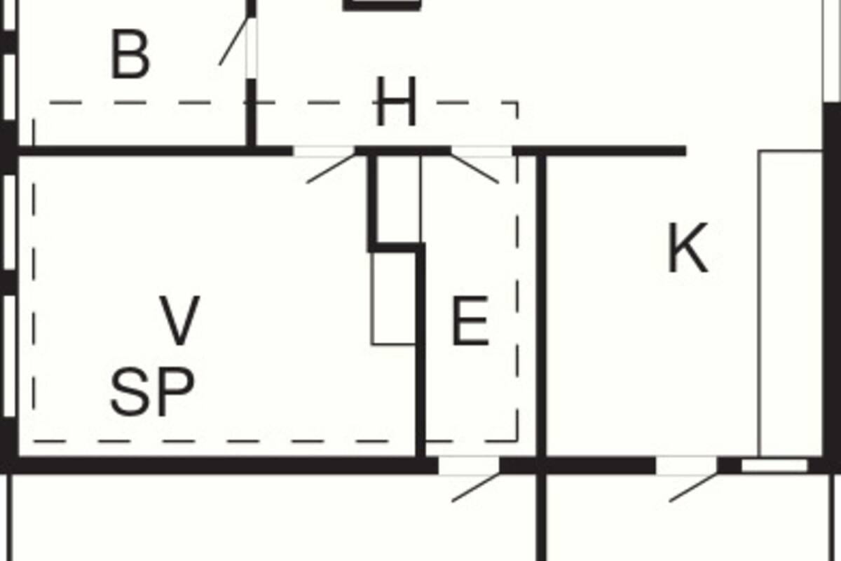 A floor plan with labeled rooms V, B, H, E, K, and TETE.