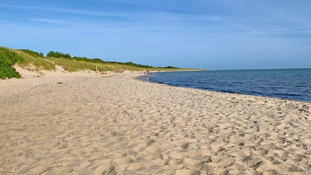 A wide sandy beach with gentle waves, a clear sky, and sparse vegetation along the shoreline. - 2 Person Holiday Home in Aakirkeby (Akirkeby)