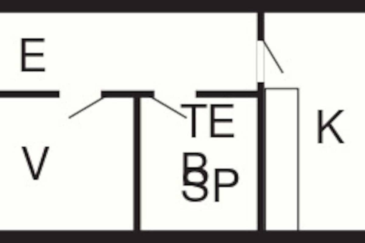 Ein Grundriss mit den beschrifteten Räumen E, V, BP, TE, K und O.