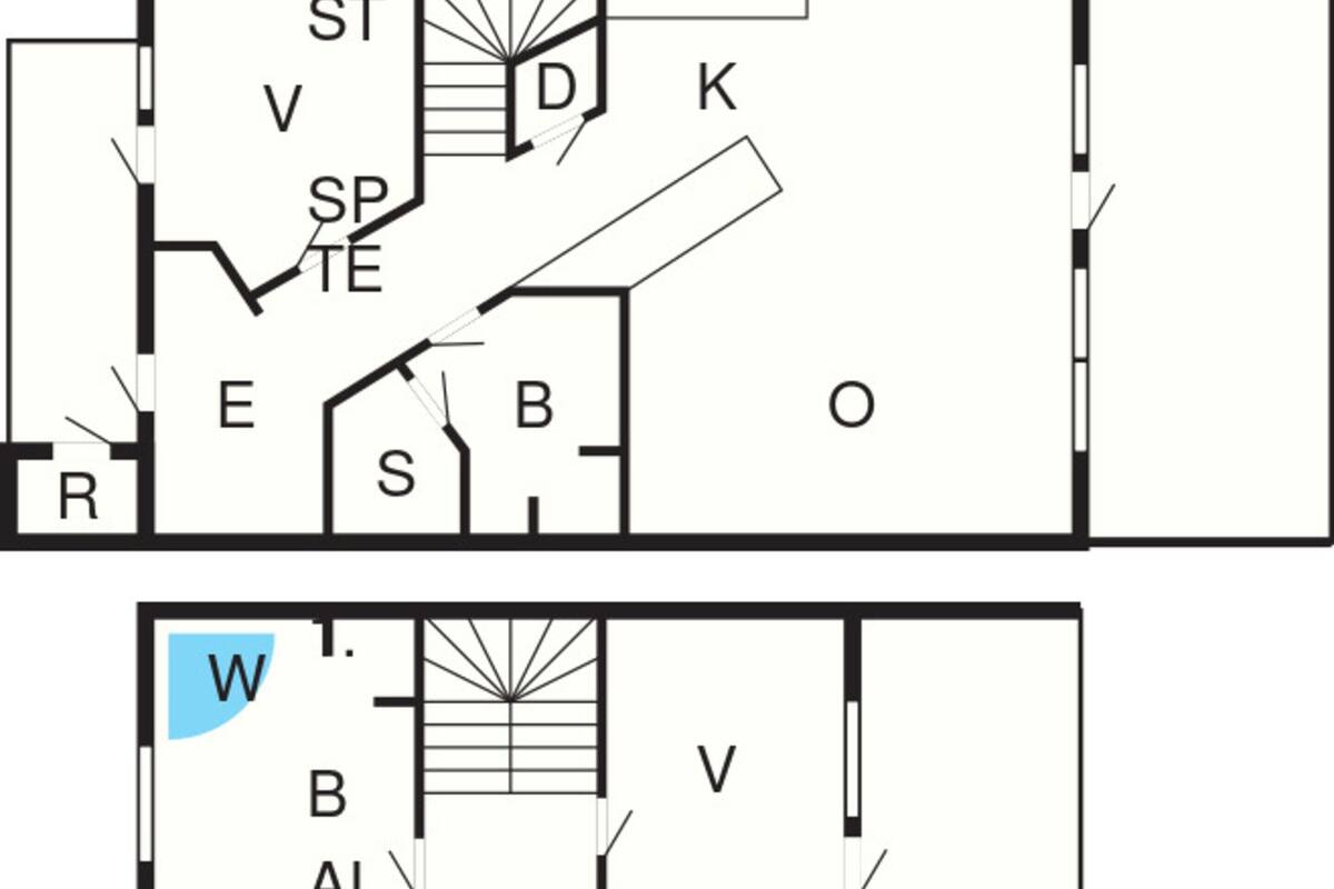 Un plan d’étage indiquant les différentes pièces et un escalier central.