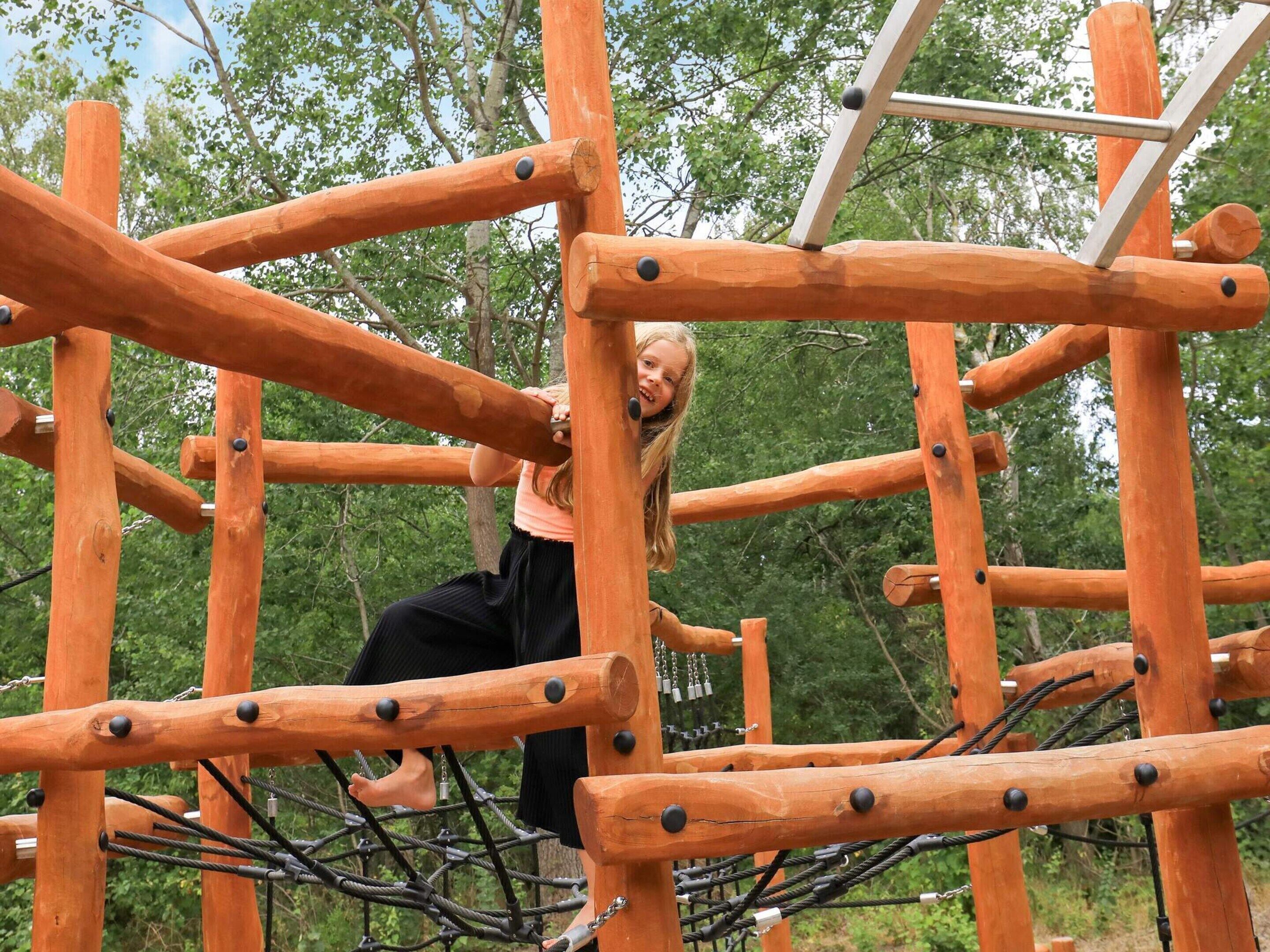 A wooden climbing structure with ropes and metal rings, surrounded by trees.