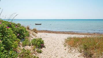 Une plage de sable avec un bateau sur l’eau et de la végétation sur le rivage.