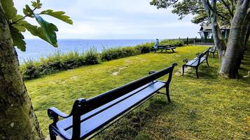 Un banc de parc donnant sur une pelouse, avec vue sur la mer.
