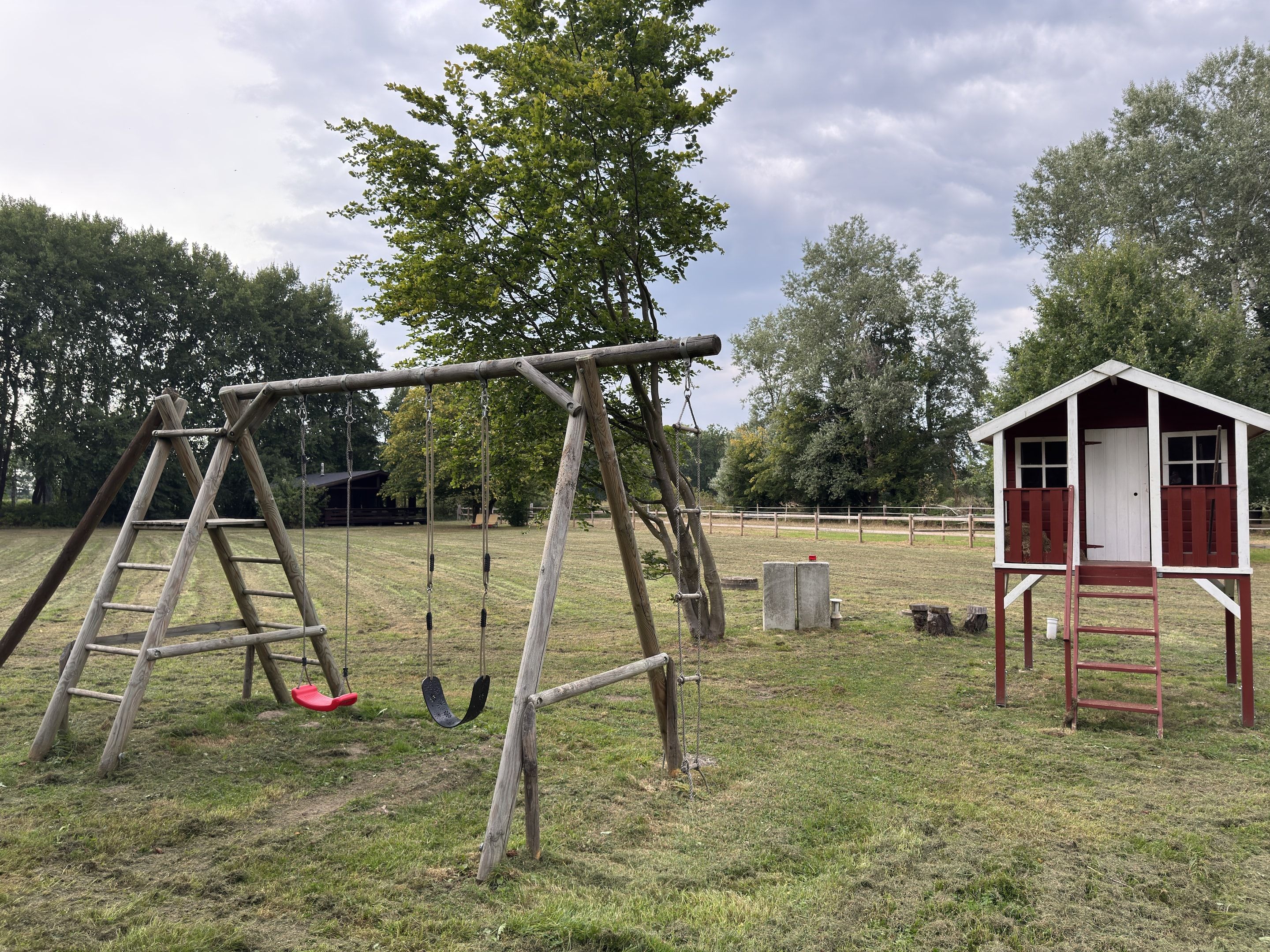 A wooden swing set and a small red-roofed playhouse in a grassy field.