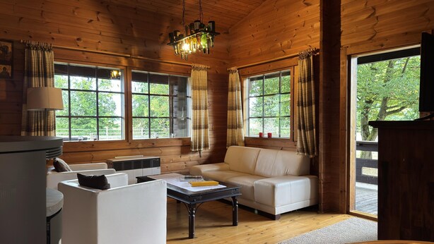 Un intérieur de chalet chaleureux avec un canapé, une table et un coin repas.