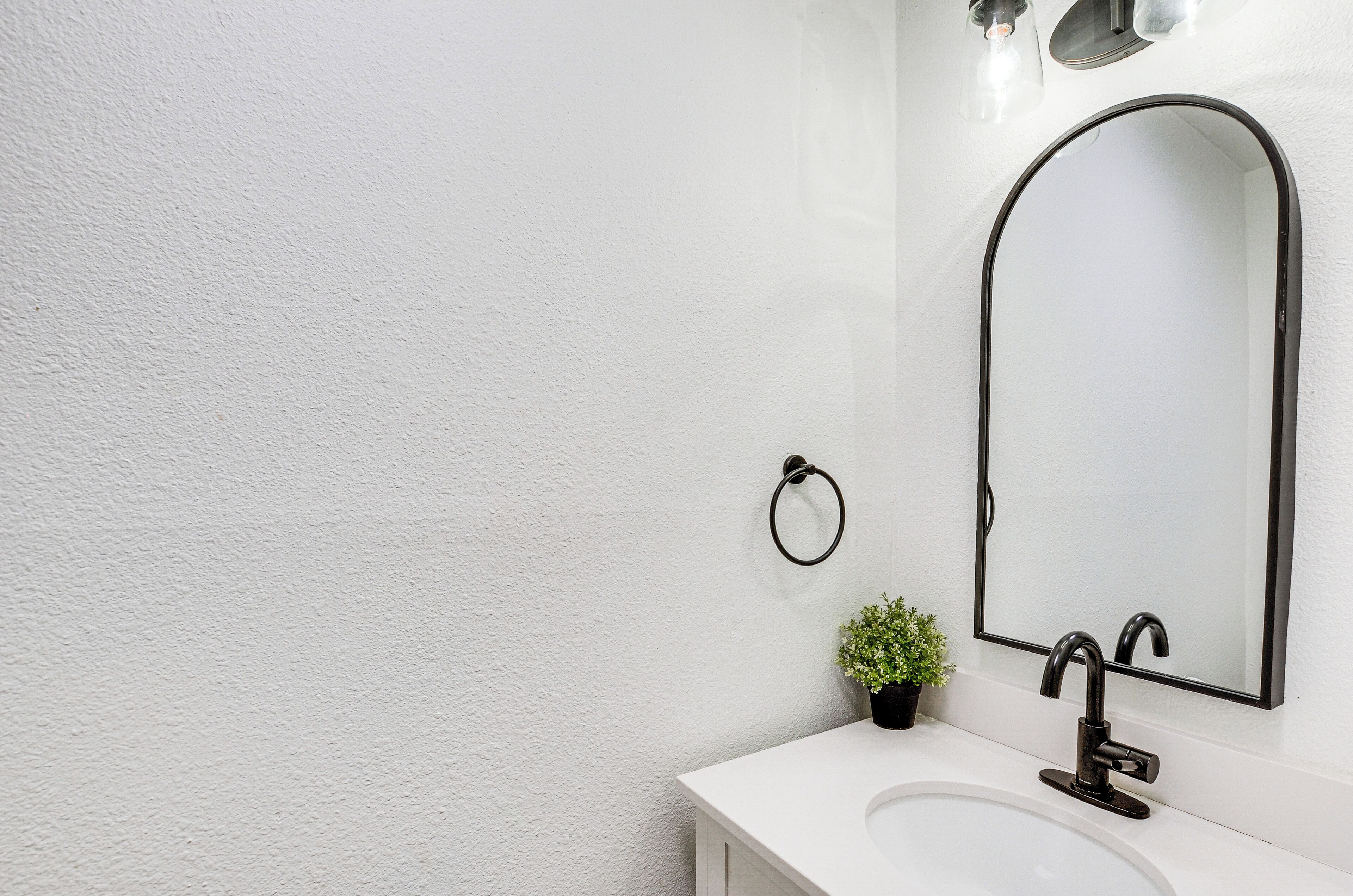 A bathroom with a white sink, a black faucet, a round mirror, and a small potted plant.