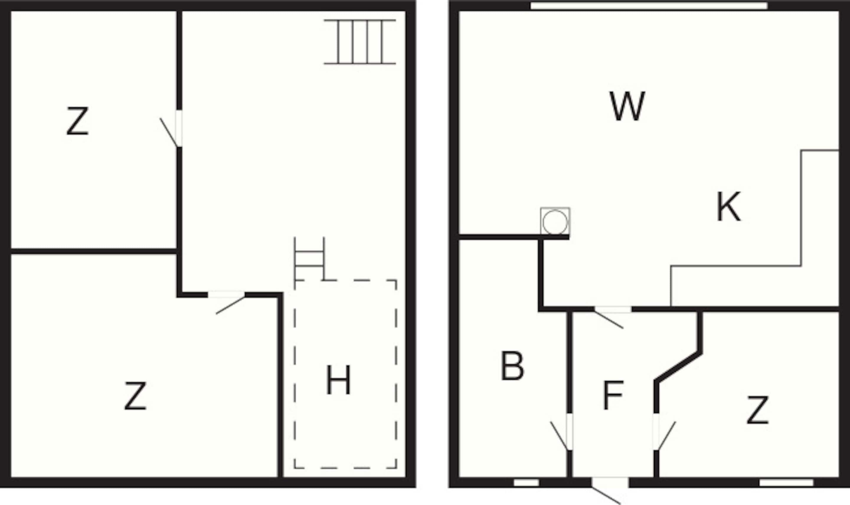 Deux plans d’étage d’un hôtel, avec les chambres Z, W, K, B, F et H clairement indiquées.